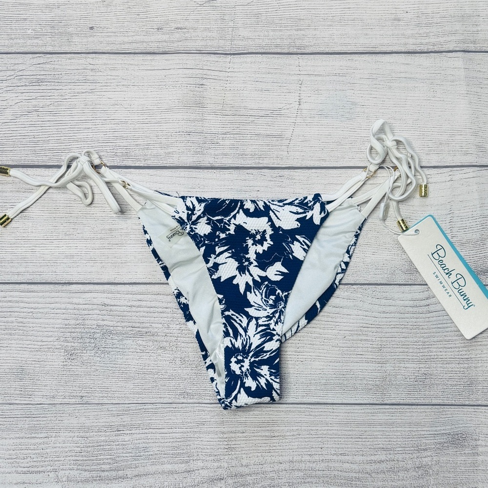 Beach Bunny Swimwear Tie Side Skimpy Bottom Large Blue White‎ Floral NWT